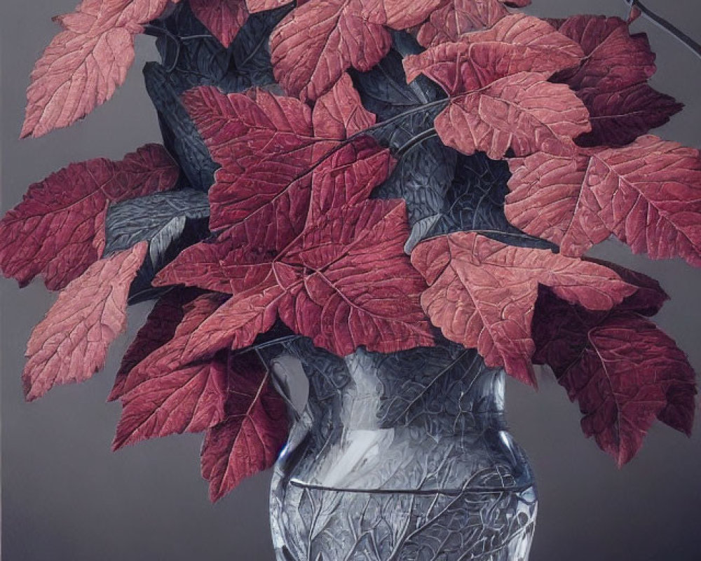Realistic painting of glass vase with red leaves, fallen leaf, and apple on textured surface
