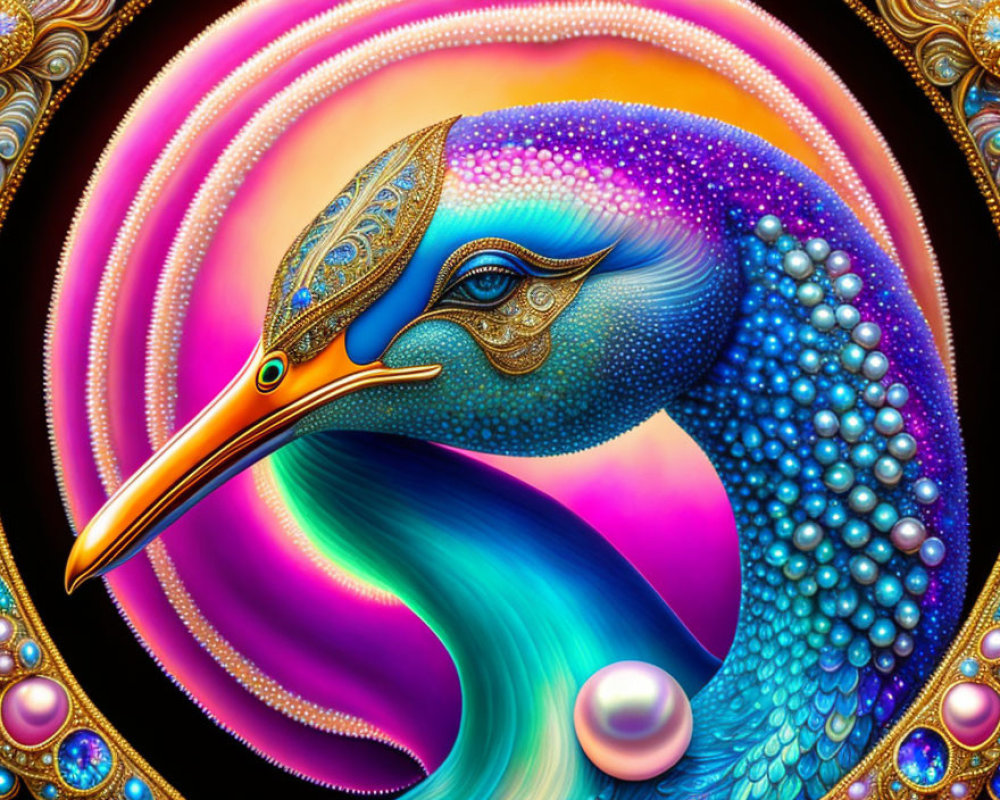 Colorful Peacock Artwork with Ornate Patterns and Pearls on Psychedelic Background