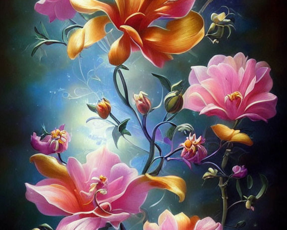 Colorful painting of pink and orange flowers on a dark, mystical background