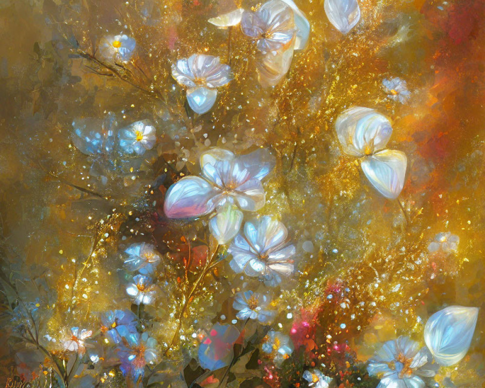 Ethereal painting of white flowers in golden and amber hues