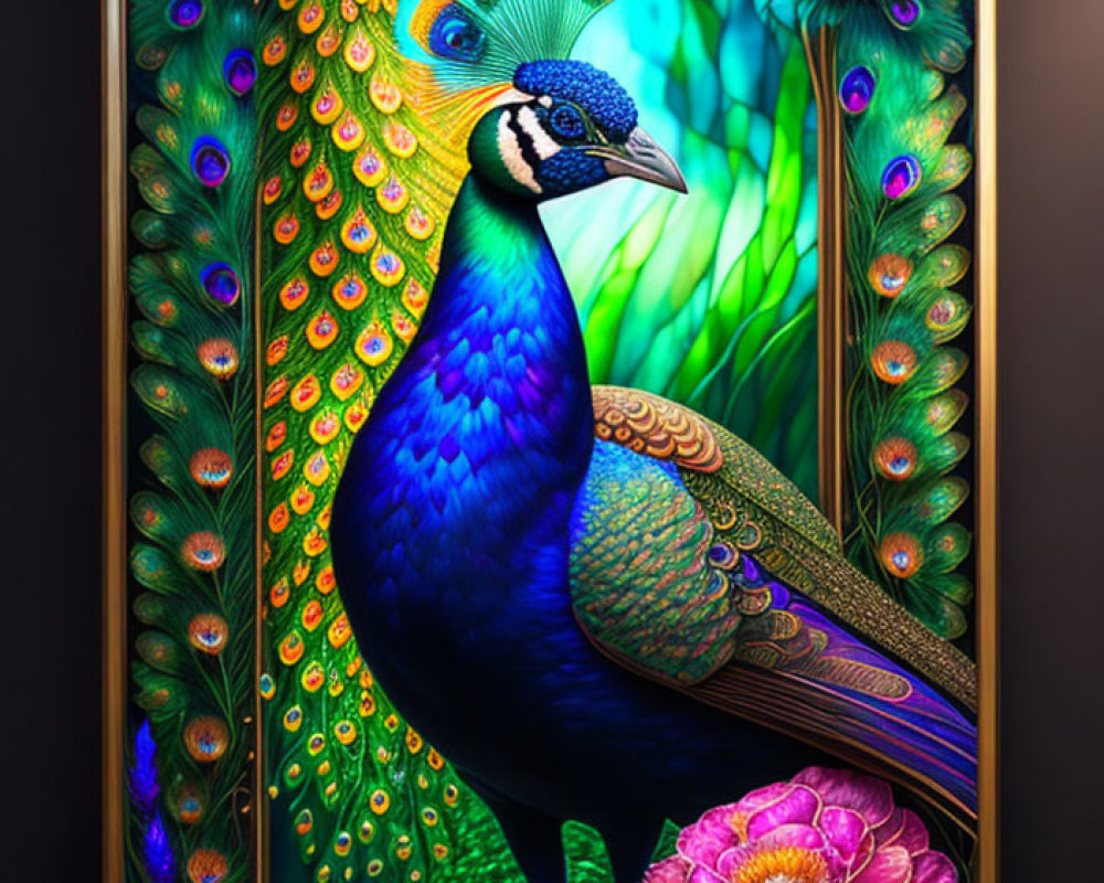 Colorful Peacock Illustration on Dark Background with Pink Flowers