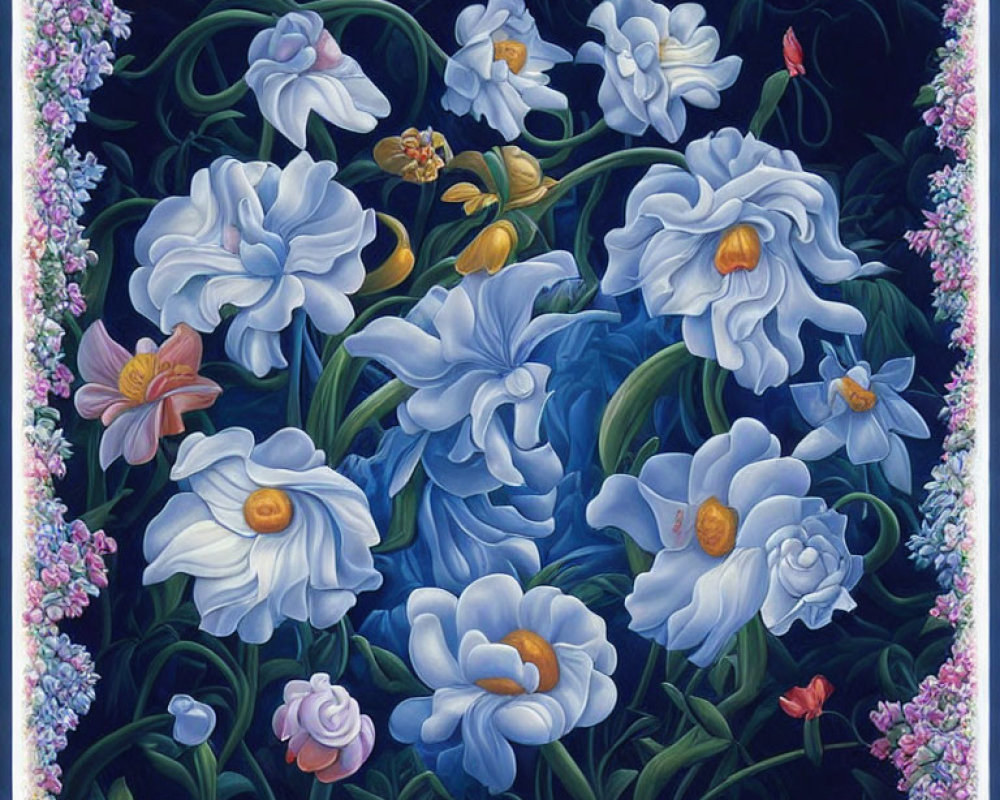 Colorful Floral Painting with Blue and White Flowers on Dark Background