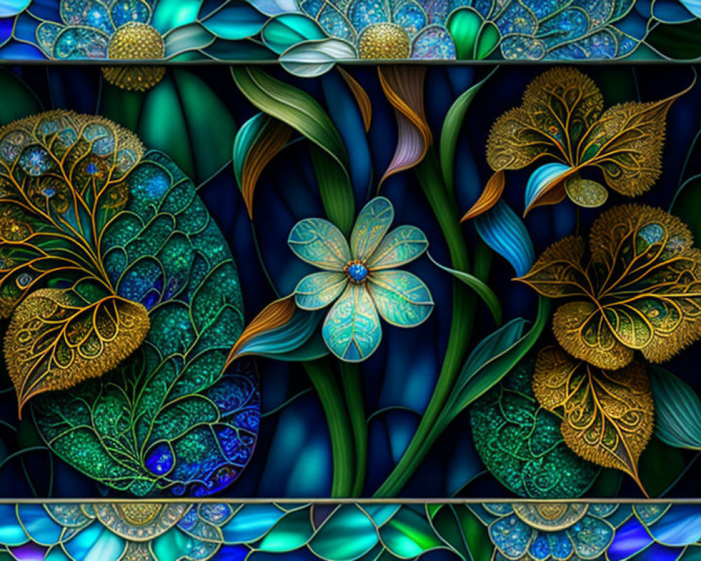 Colorful digital artwork of stylized flowers and peacock feathers with intricate patterns.