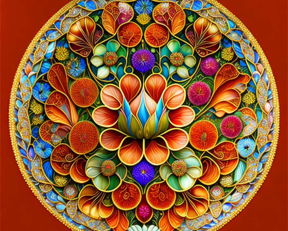 Colorful Symmetrical Floral Mandala Design in Orange, Blue, and Green on Red