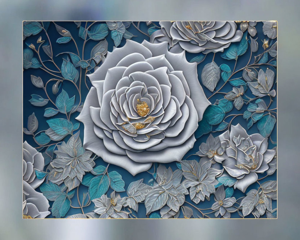 Metal Wall Art: 3D Rose & Floral Design in Silver, Blue, and Gold