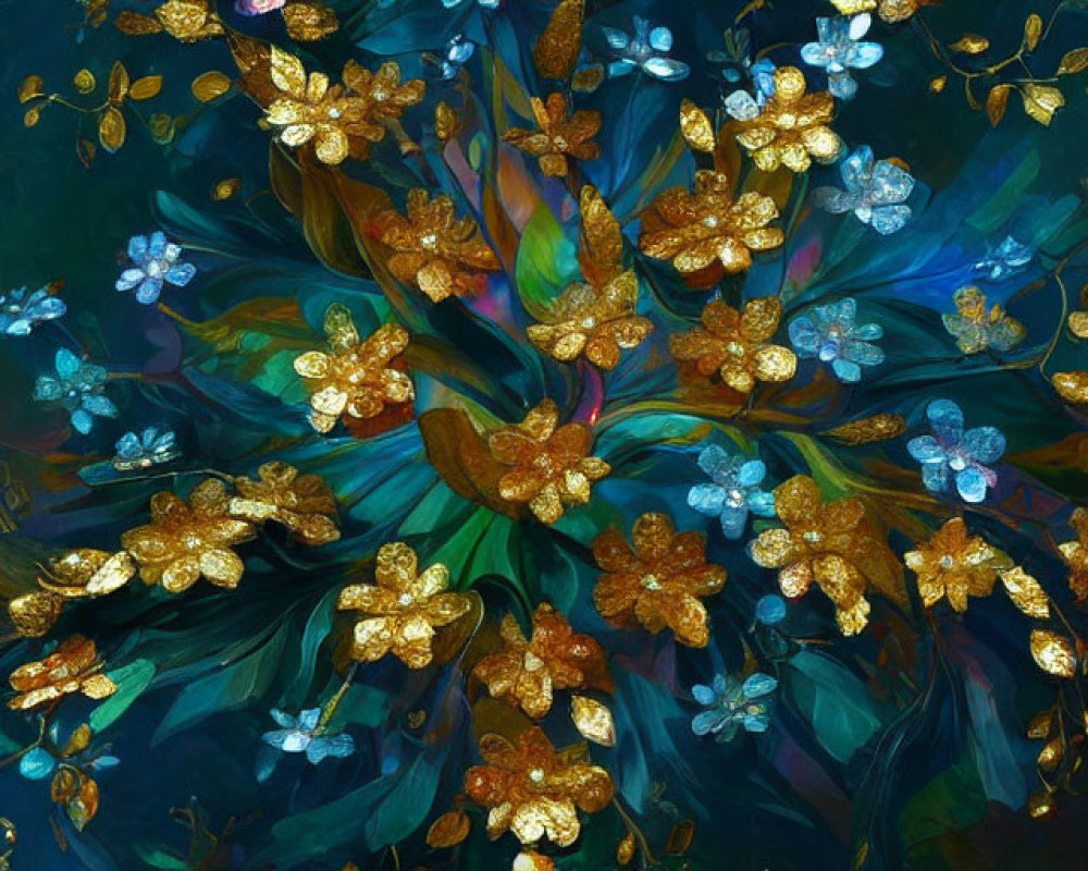 Colorful digital artwork: stylized flowers and leaves in gold and blue
