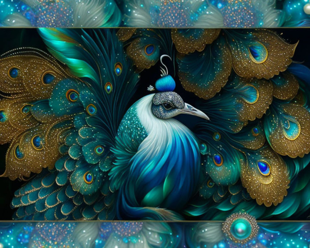 Colorful digital artwork: Peacock with intricate blue patterns
