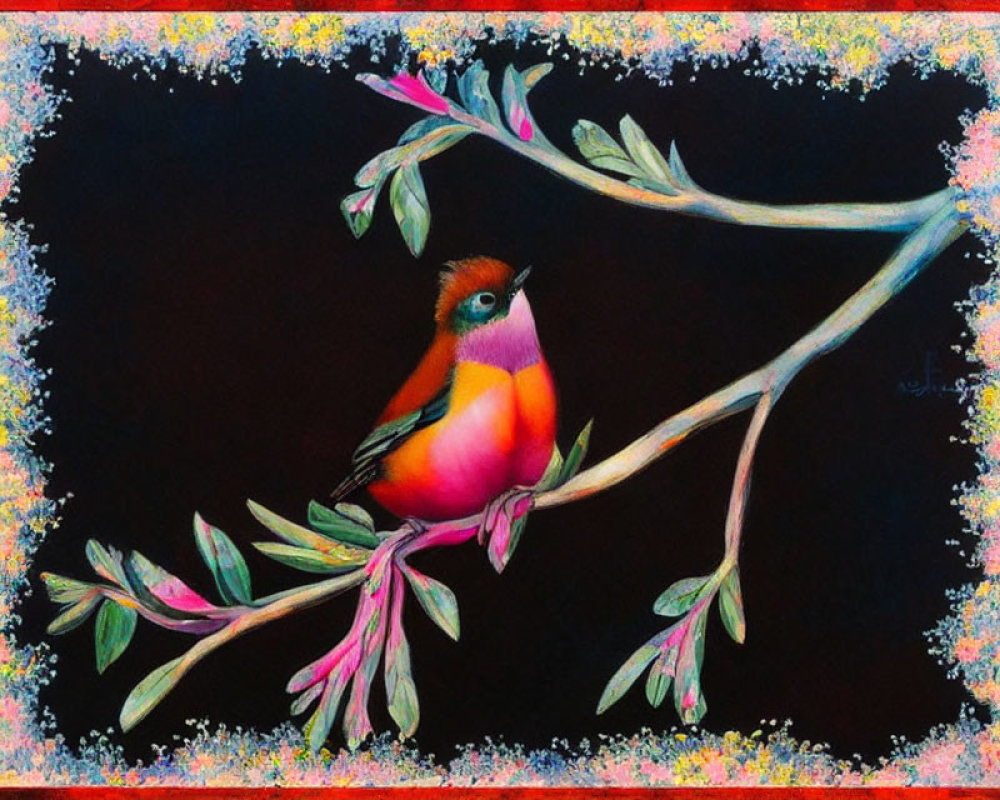 Colorful Bird Perched on Blossoming Branch in Vibrant Painting