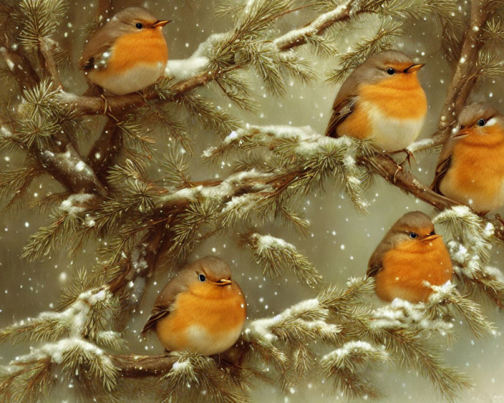 Five Orange-Breasted Birds on Snowy Pine Branches in Winter