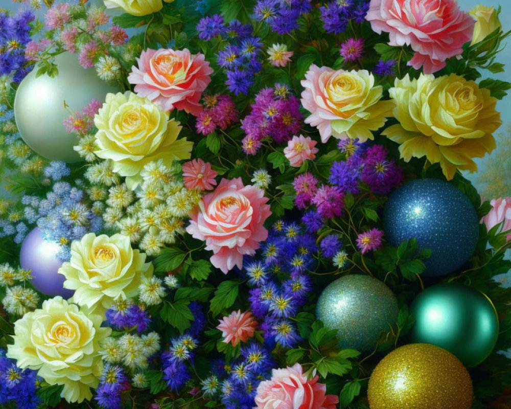 Colorful Easter flower arrangement with glittery eggs nestled among petals.