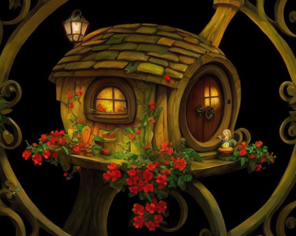 Whimsical treehouse illustration with lantern light and floral frames