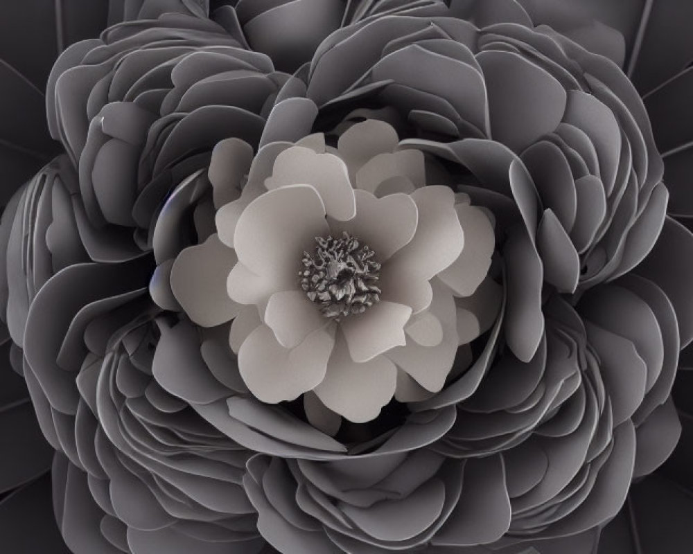 Monochromatic digital artwork of intricate flower with overlapping petals in grayscale.