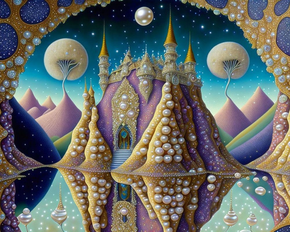 Fantastical painting of pearl-studded golden castle in starry sky