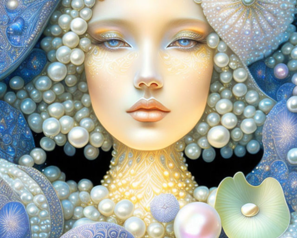 Woman's face with pearls, shells, and bead patterns evokes underwater theme