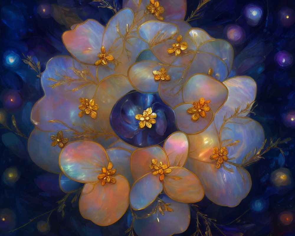 Digital Art: Luminous Bouquet of Translucent Flowers in Starry Setting