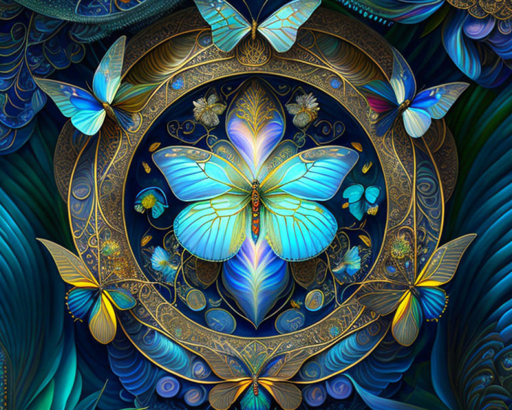 Colorful Digital Art: Butterflies with Golden Patterns & Botanical Motifs