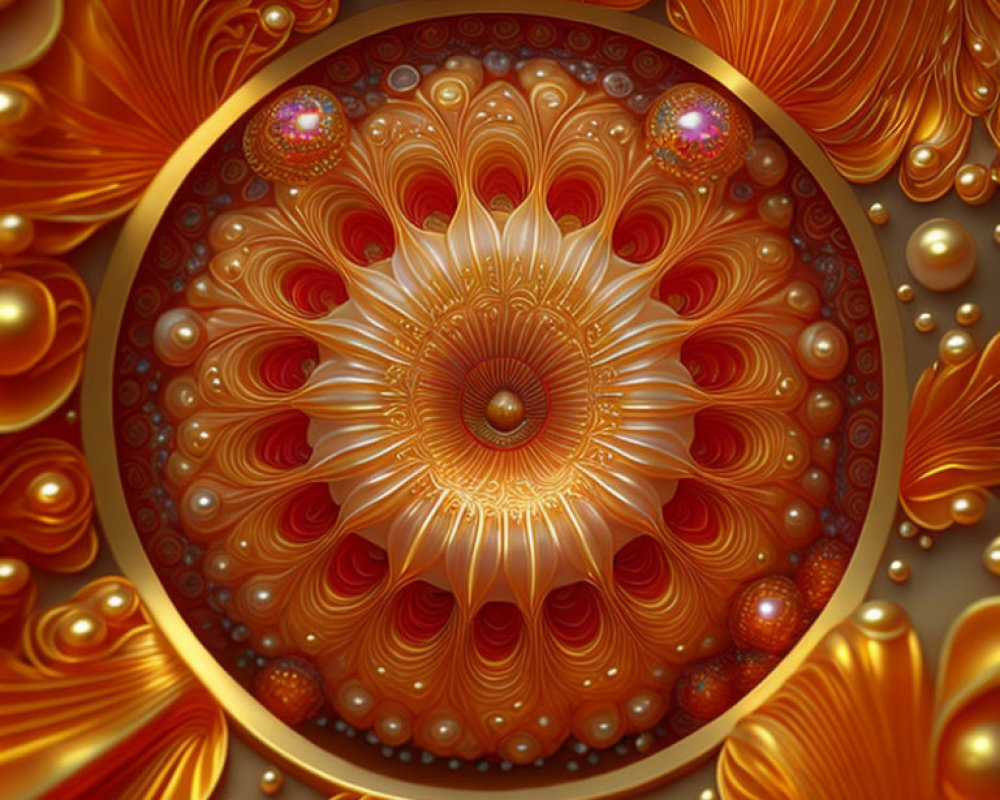 Intricate Orange and Gold Fractal Art with Symmetrical Blooming Design