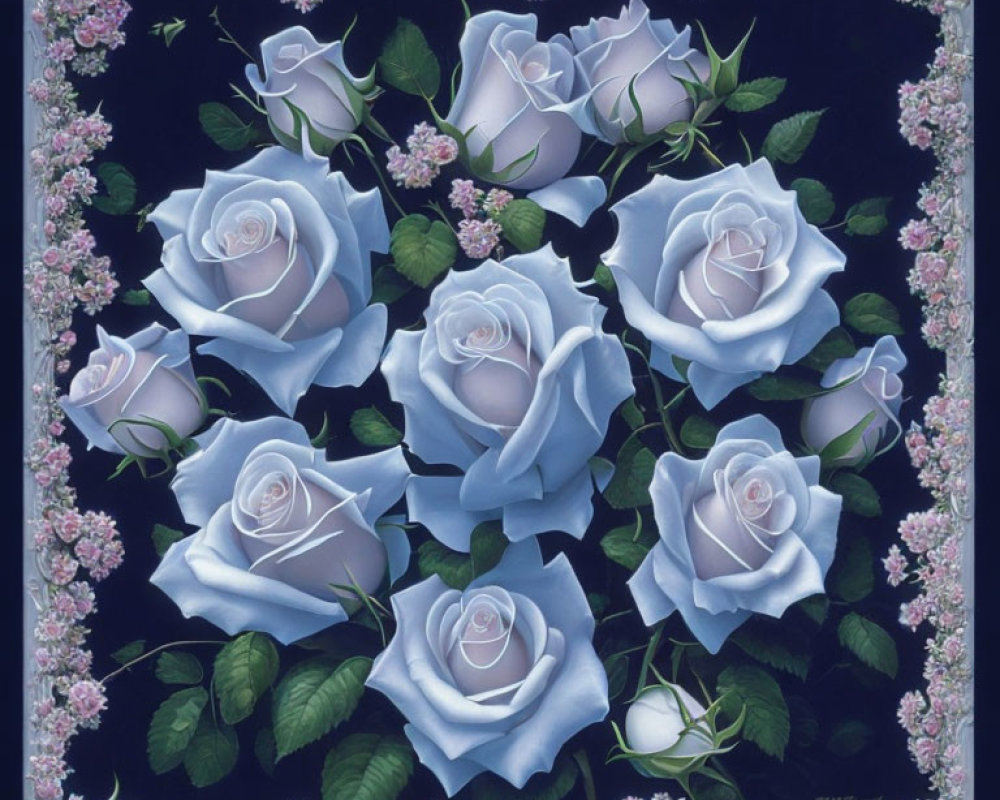 Surreal blue roses and green leaves on dark backdrop with pink flower border