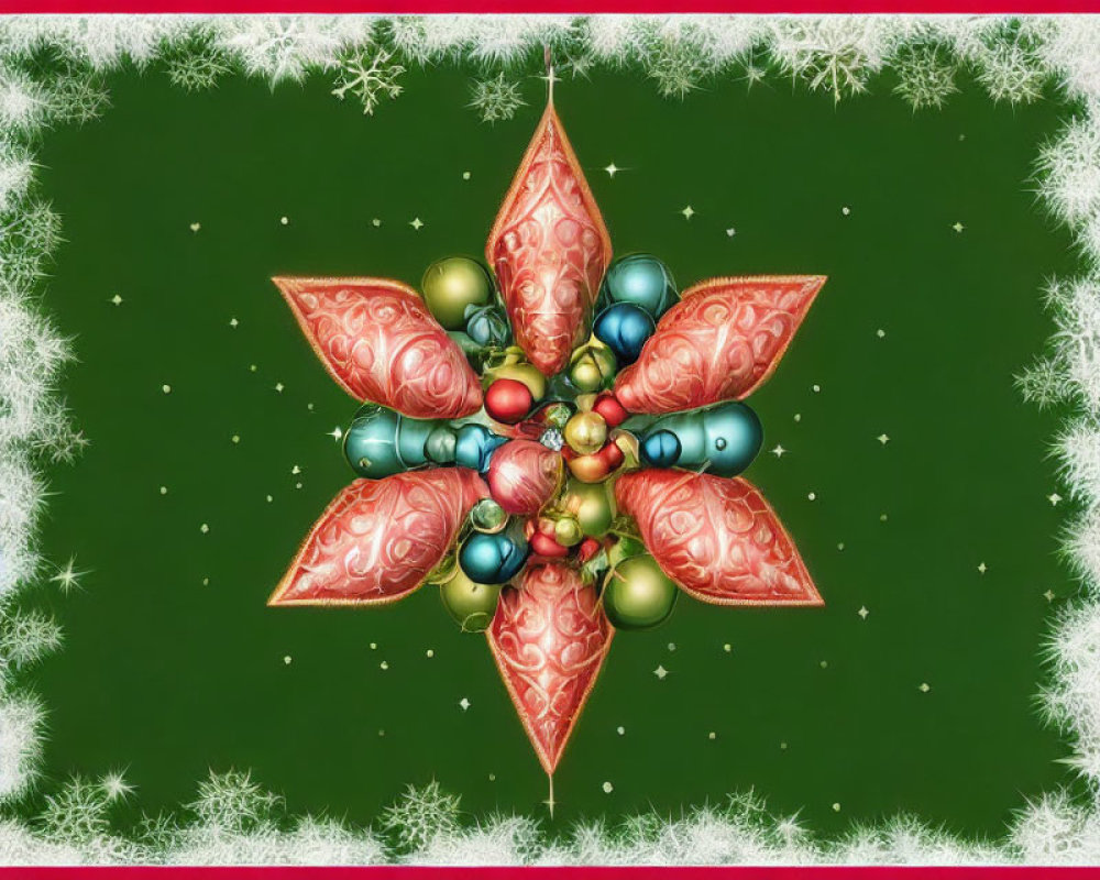 Symmetrical Christmas-themed digital art with red and green ornaments on a green backdrop