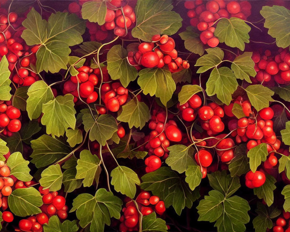 Realistic Painting of Vibrant Red Berries and Green Leaves