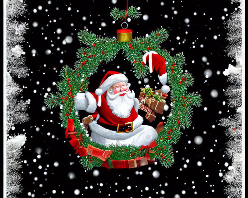 Festive Christmas wreath with Santa Claus in snowy scene