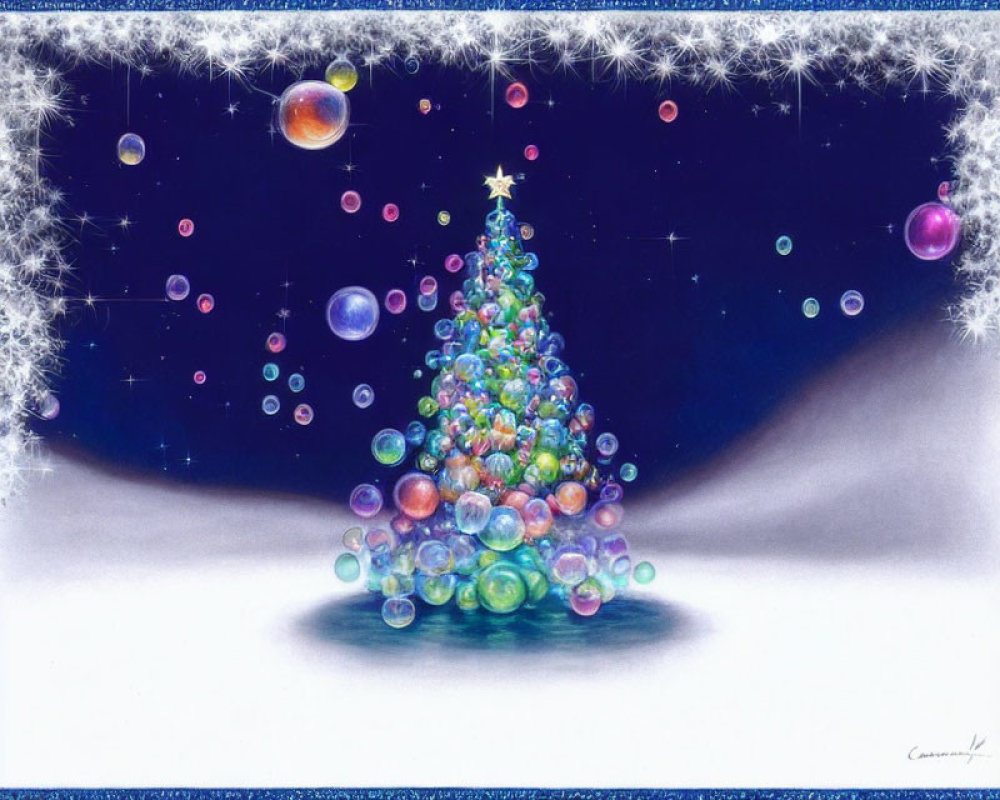 Colorful Bubble Decorated Christmas Tree Under Starry Night Sky
