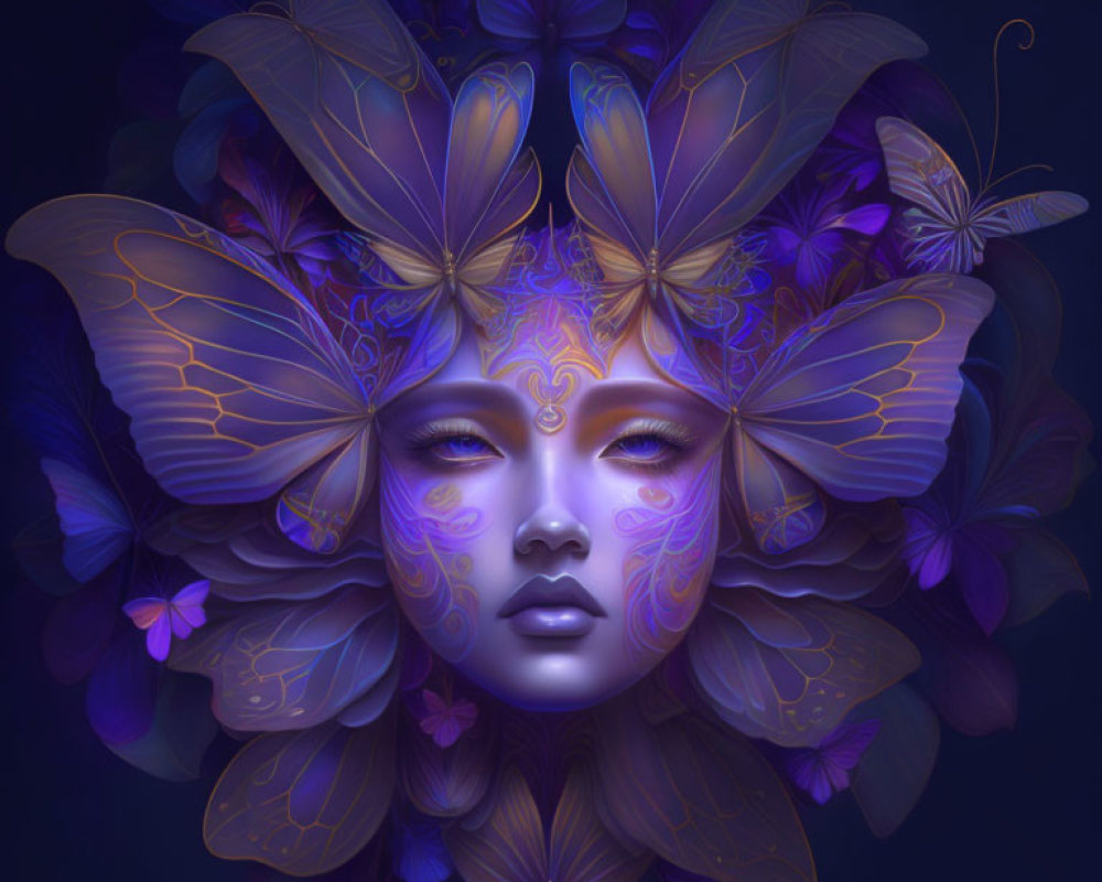 Surreal female portrait with butterfly wings and floral elements in purple and blue