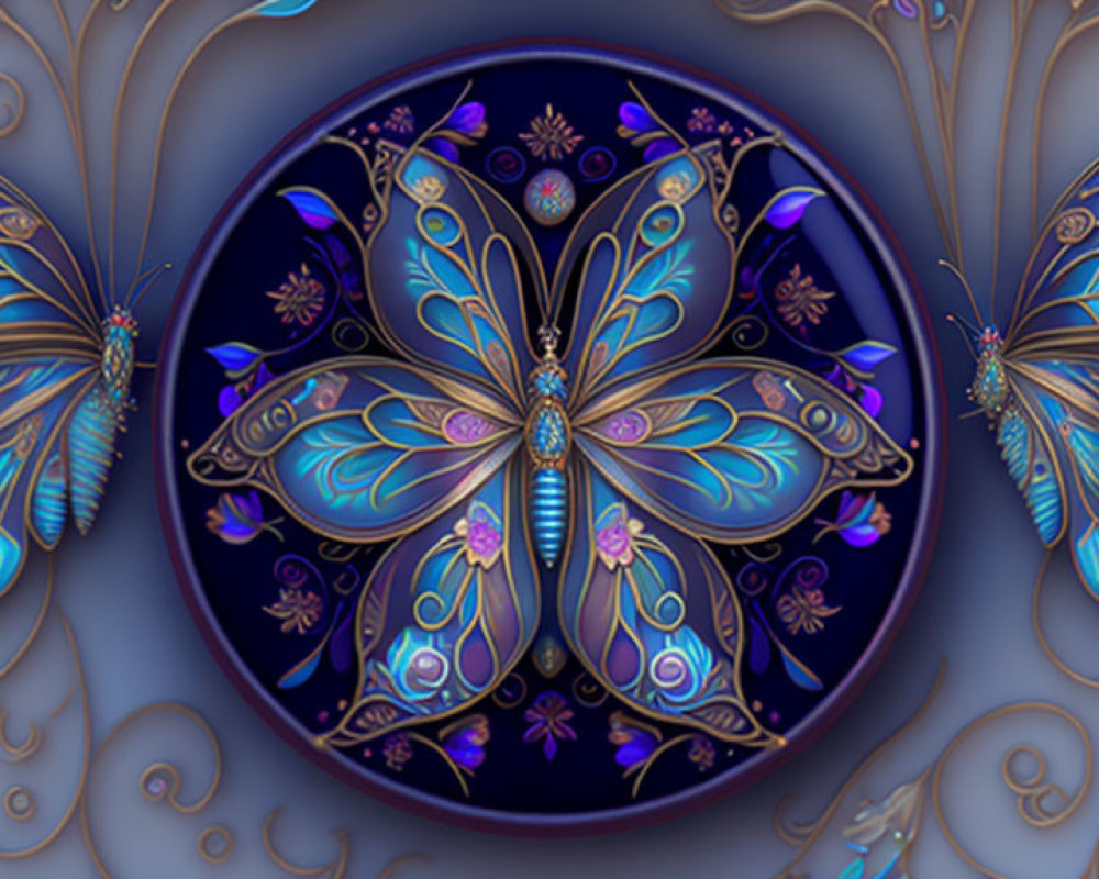 Colorful Stylized Butterfly Artwork with Botanical Motifs
