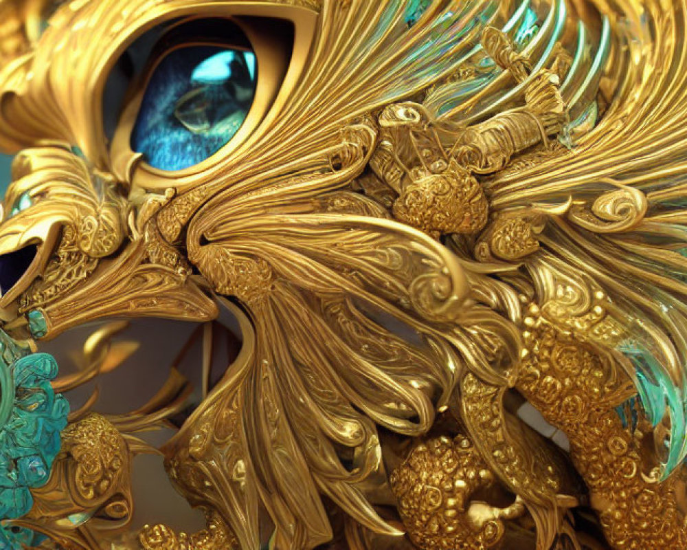 Detailed Close-Up of Golden Mechanical Owl with Blue Accents