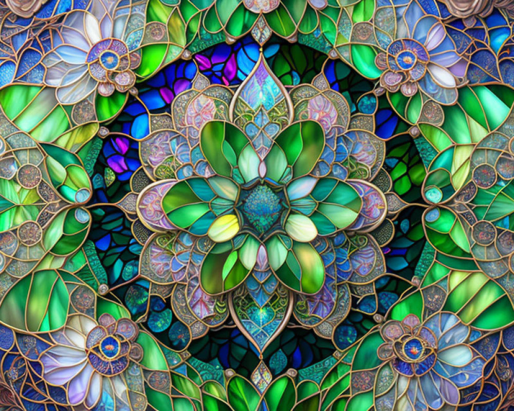 Colorful Floral Stained Glass Pattern in Blues, Greens, and Purples