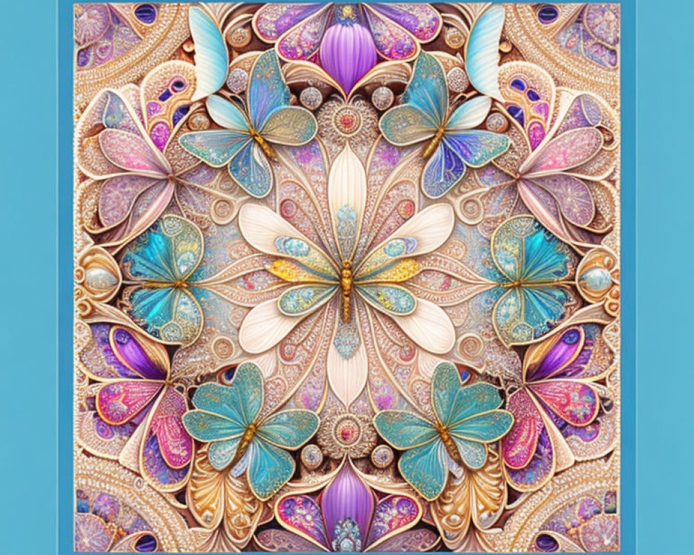 Symmetrical fractal digital art with ornate floral patterns in blues, purples, and gold
