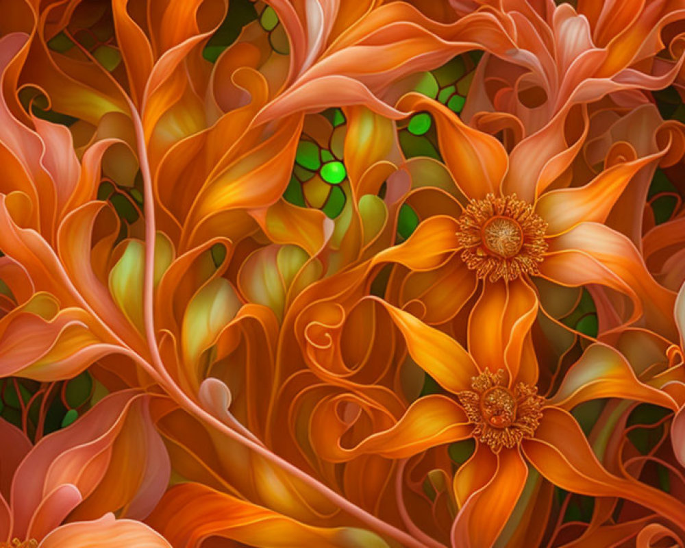Detailed digital artwork: Orange and red leaf patterns with golden flowers.