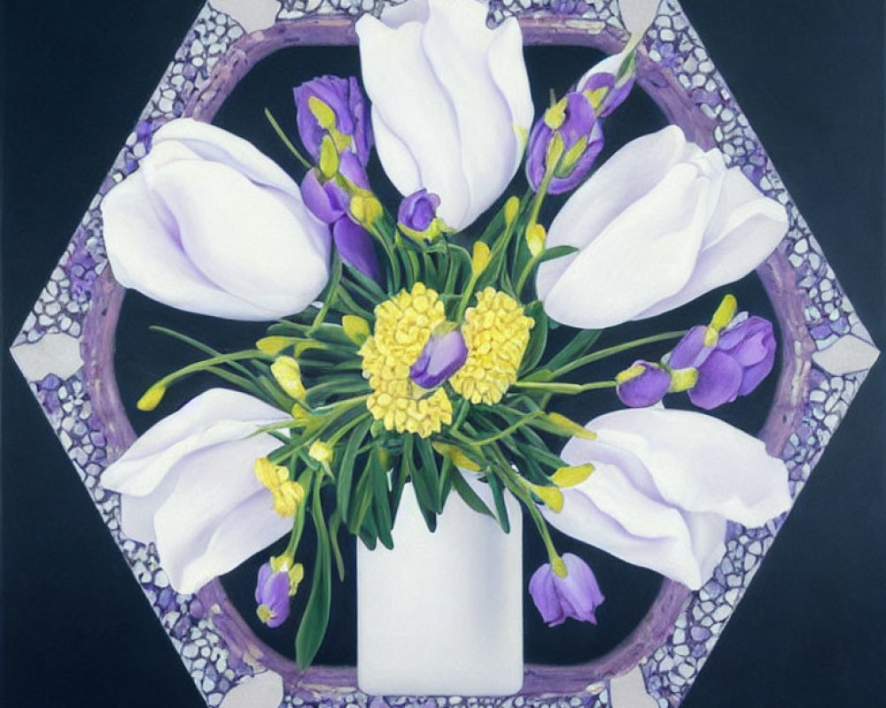 Symmetrical geometric composition with white, purple, and yellow flowers