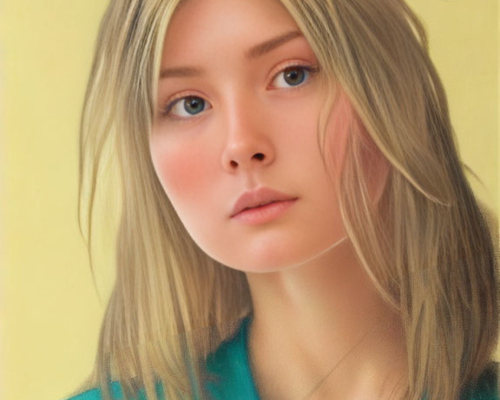 Blonde Woman Portrait on Yellow Background with Teal Top