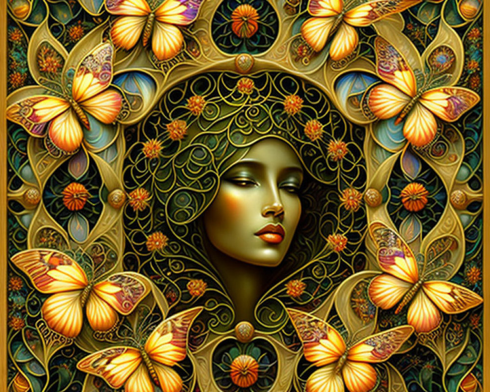 Symmetrical portrait with ornate patterns and butterflies