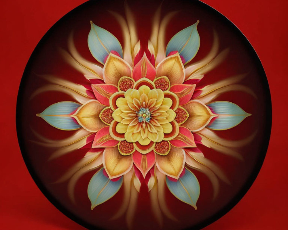 Symmetrical floral digital art with red, yellow, and blue petals on red background