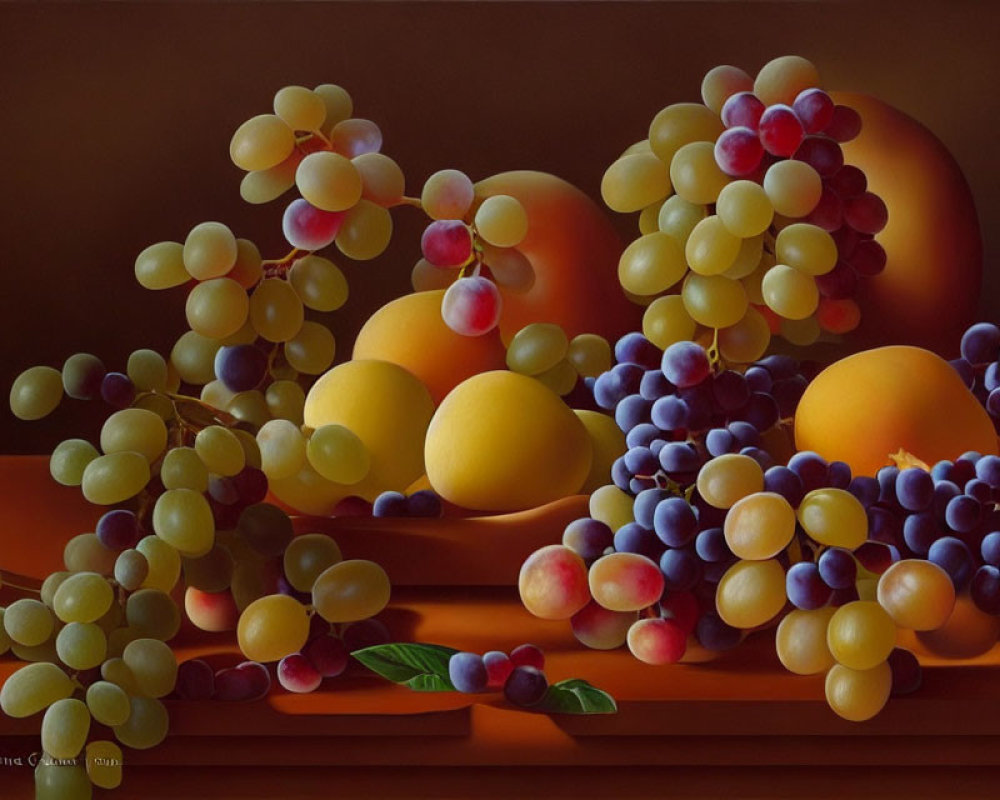 Ripe grapes, peaches, and apricots on amber backdrop