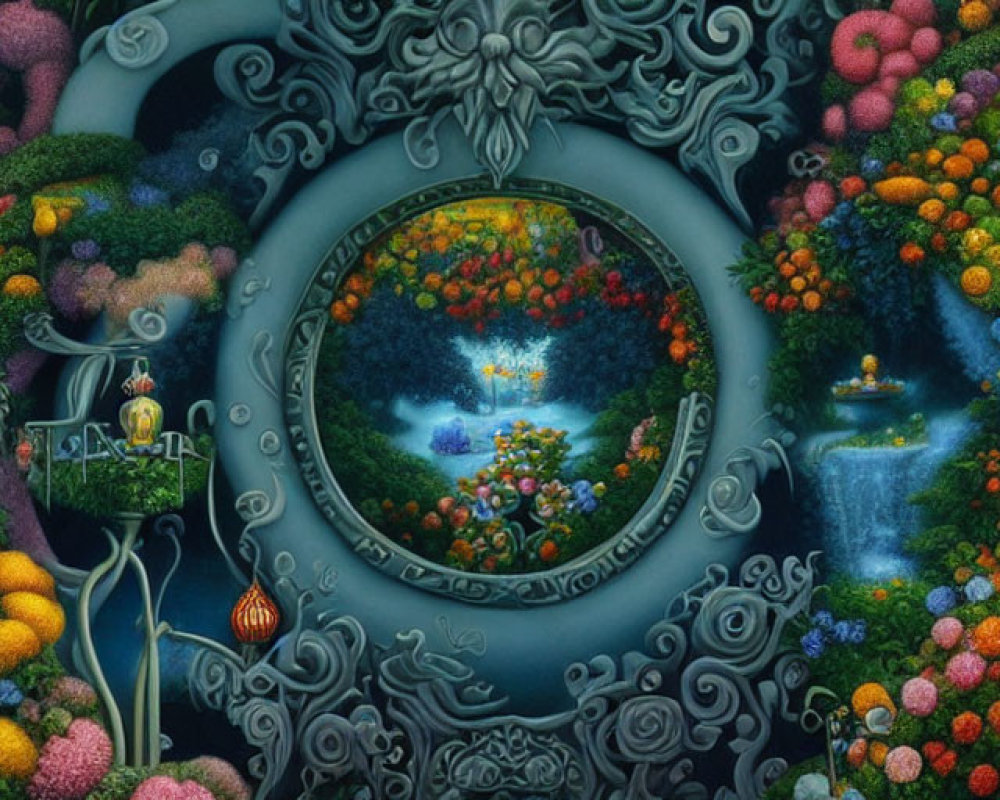 Colorful surreal artwork of lush forest in ornate oval frame