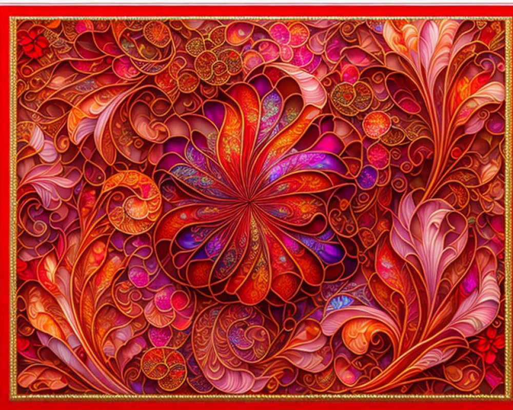 Colorful Abstract Artwork with Floral Motif in Red, Orange, Purple