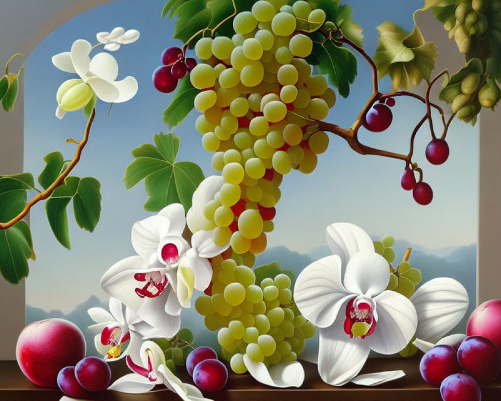 Still life painting of grapes, orchids, and cherries by open window