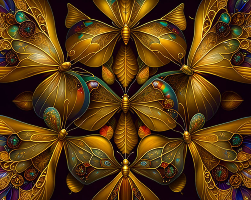 Symmetrical ornate golden butterflies with jeweled accents on dark background