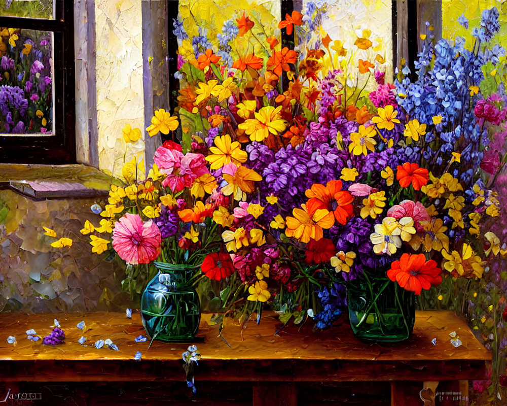 Colorful Flowers in Glass Vases on Wooden Table with Sunlit Background