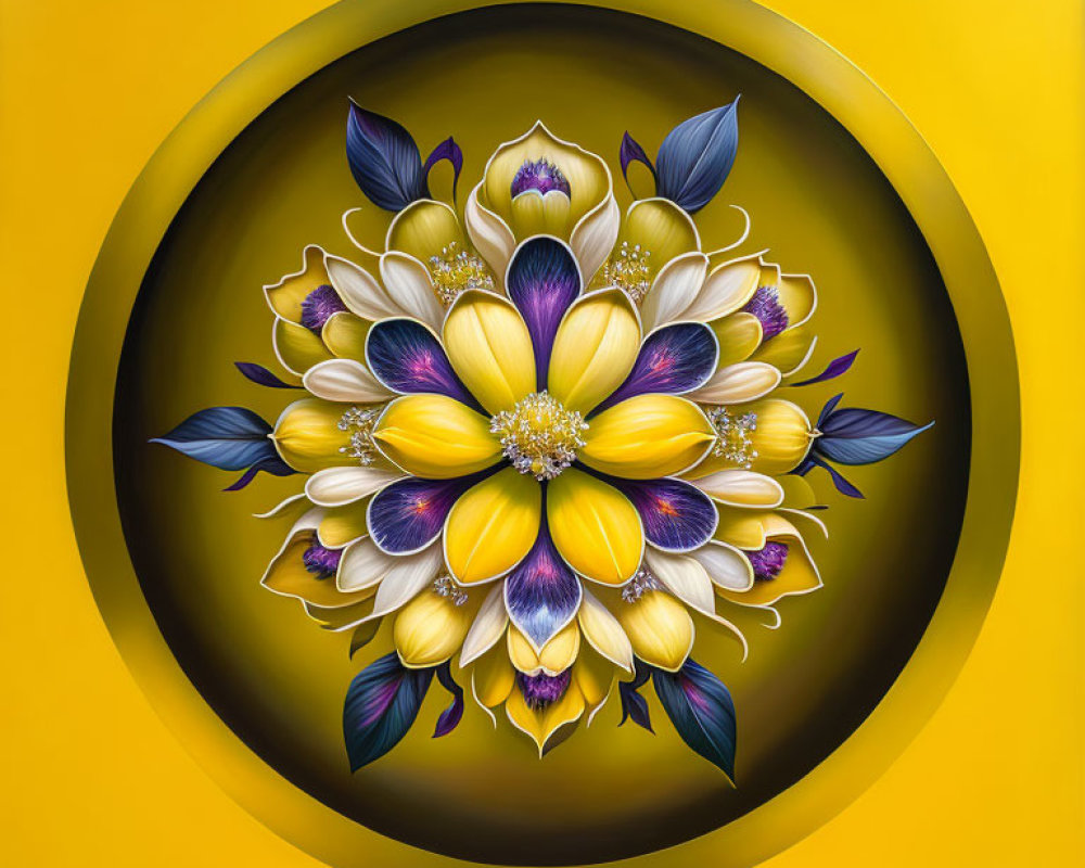Symmetrical floral digital artwork with yellow and purple petals on yellow background