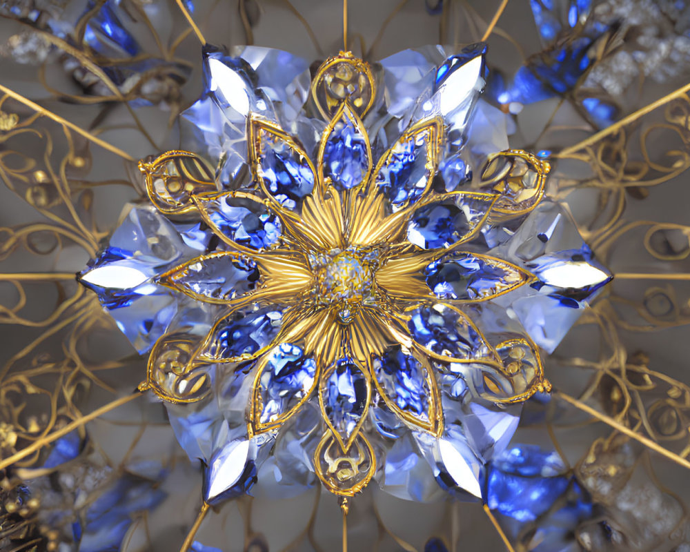 Symmetrical fractal design with blue gemstones and gold filigree