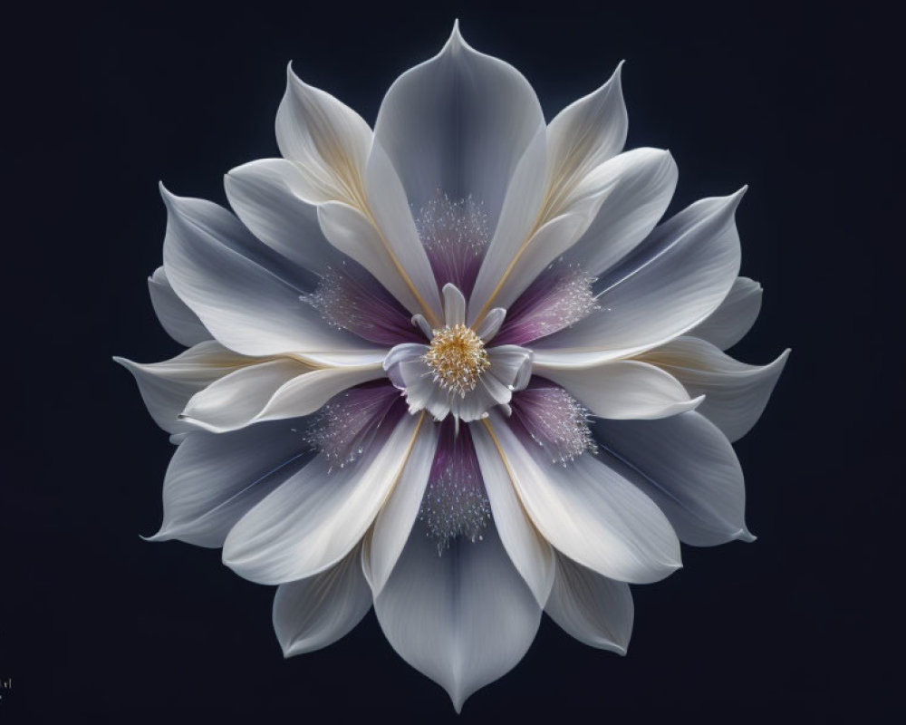 Symmetrical White and Pale Blue Flower Illustration with Purple Accents