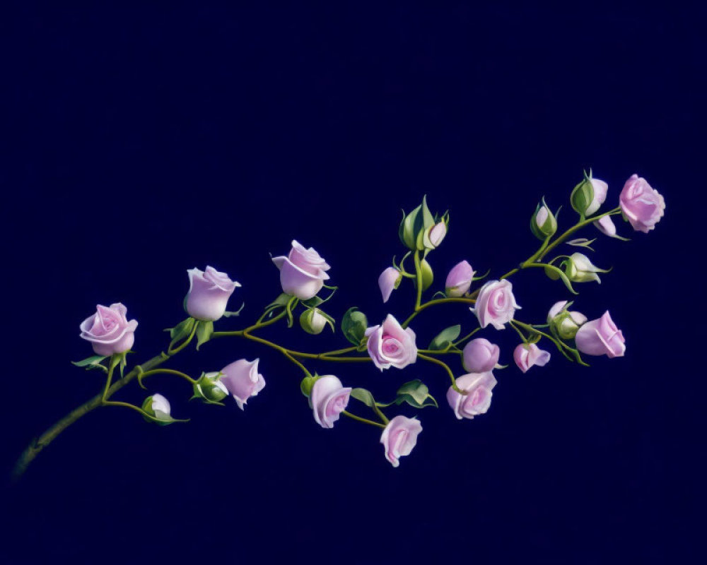 Delicate pink roses branch on dark blue background