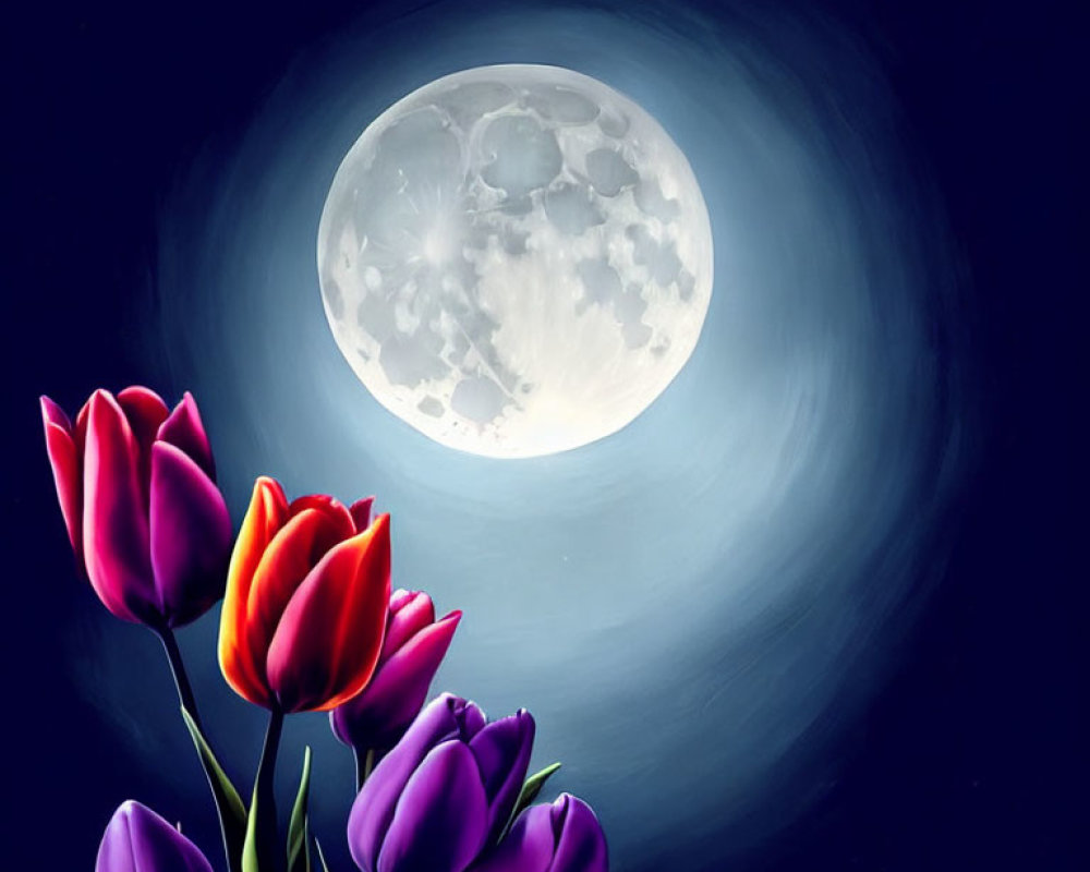 Colorful tulips with full moon in dark blue sky