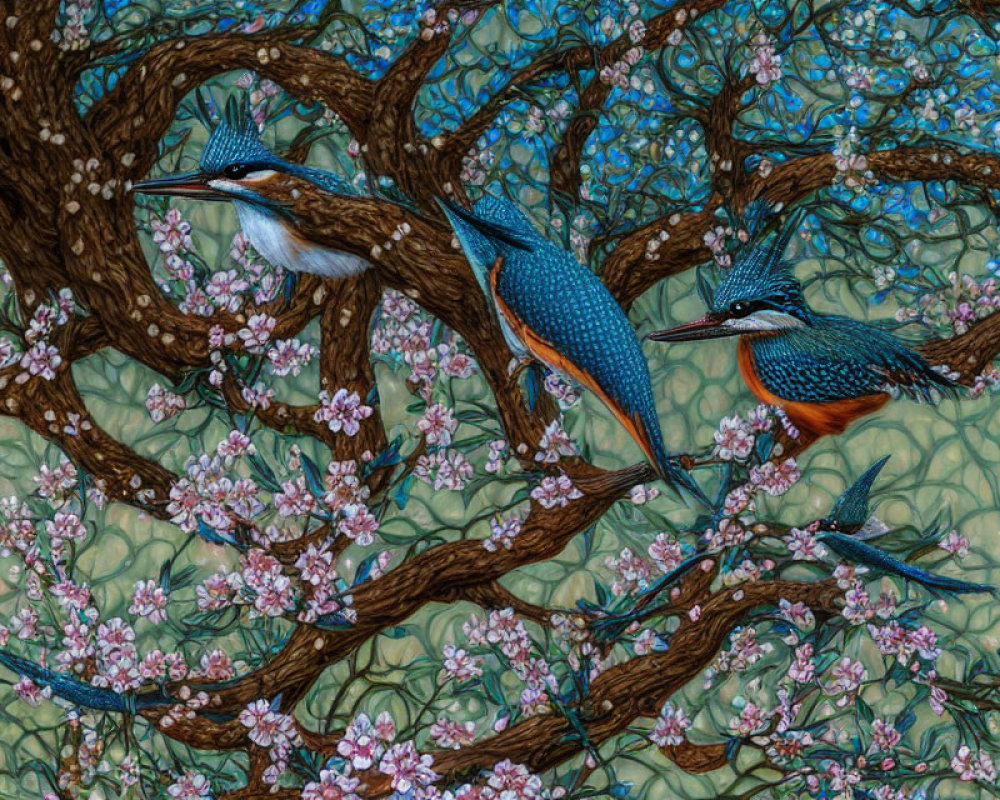 Vibrant kingfishers on blossoming tree branches in detailed backdrop
