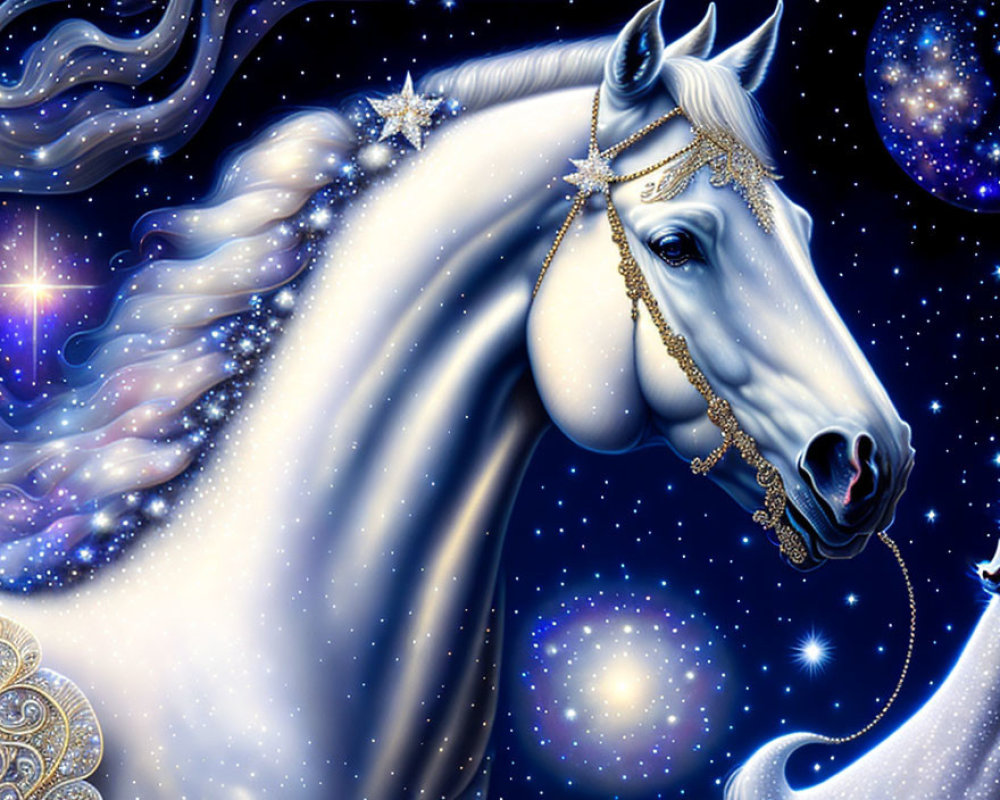 White Unicorn with Flowing Mane in Starry Night Sky and Cosmic Jewelry