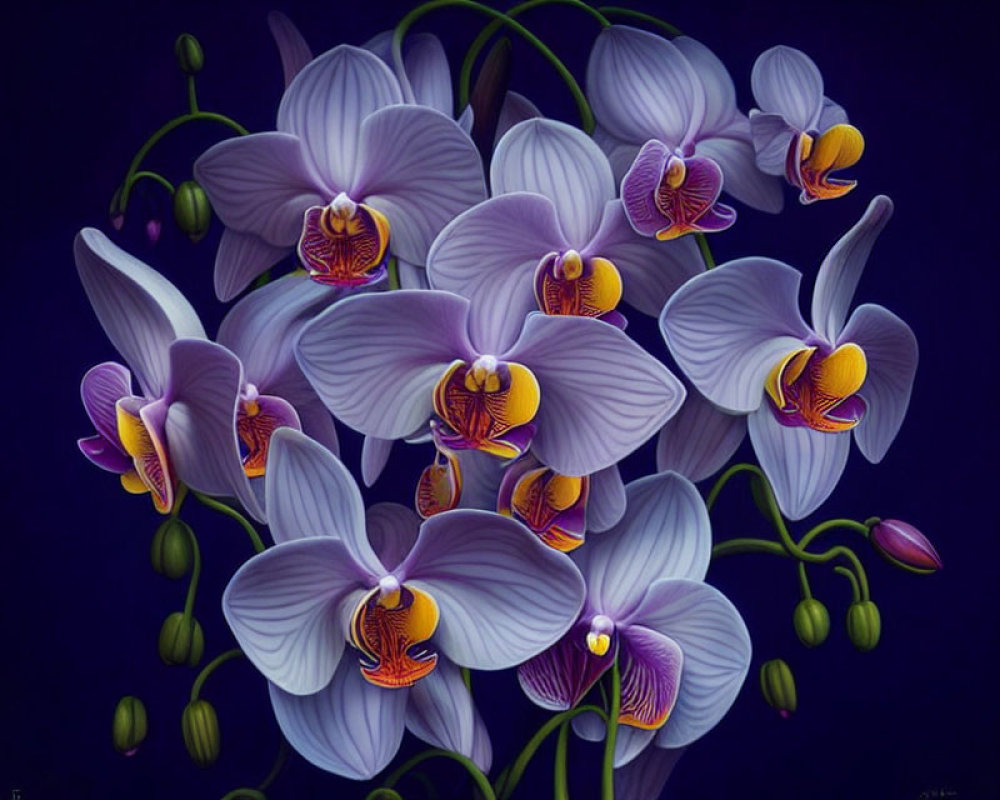 Colorful painting of purple and white orchids on dark backdrop